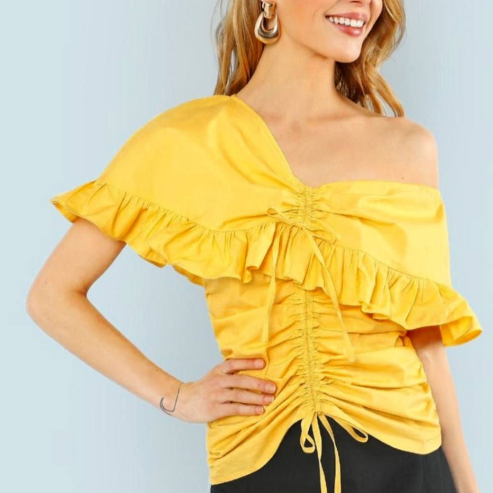 SEA NY Livia Ruched Ruffle Off the Top XS - Bright Colorful Marigold Yellow